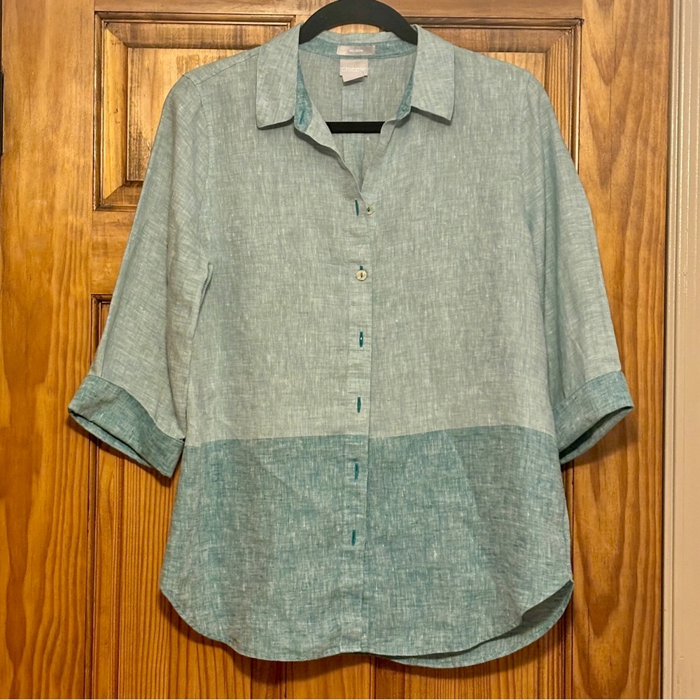 100% Linen Chico’s Women’s Turquoise Button Down Size 0 (S/4)